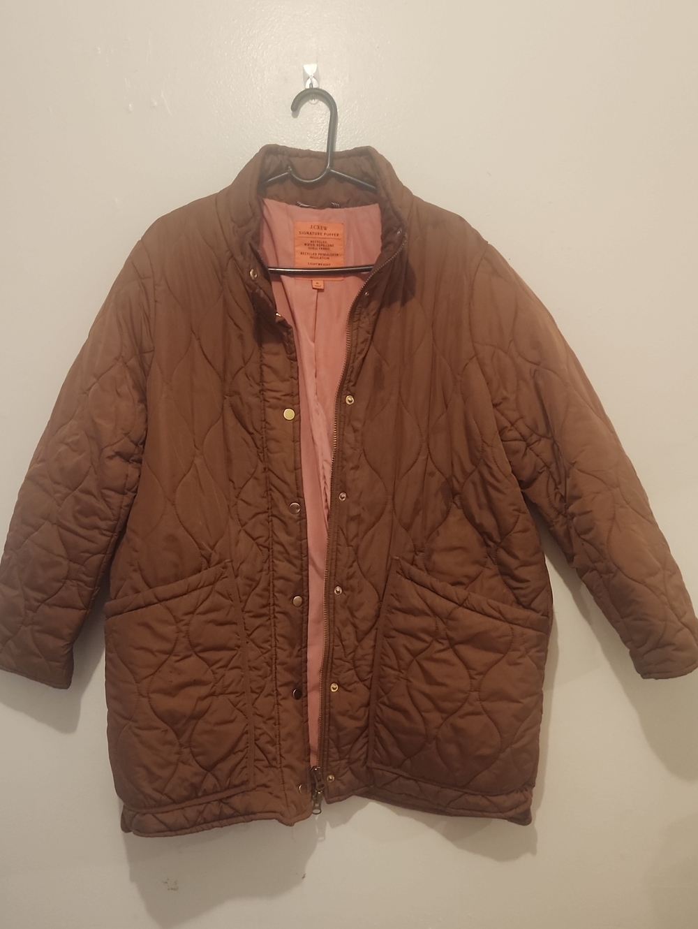 J. Crew Brown Quilted Puffer Coat with Pink Lining
